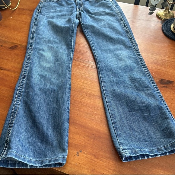 WRANGLER Medium Wash Pink Accents Womens Size 9/10 Low Rise Bootcut Jeans Cowboy - Picture 2 of 16